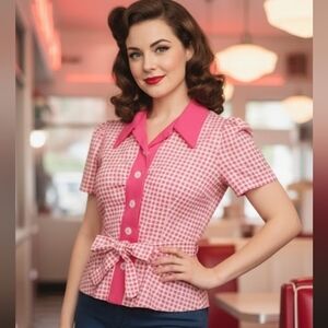 Vintage 70's Checkered Pink White Shirt Flower Buttons Size S